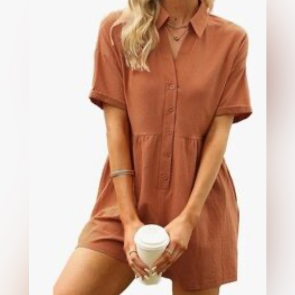 DEEP SELF Romper Short Sleeve Button Down Romper with Pockets